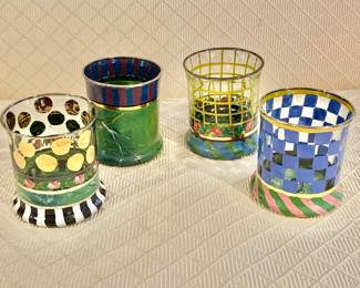 $80 - Set of 4 Mackenzie Childs Hand Painted Tumblers - each 4" H, 3.25" diam