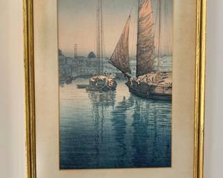 $175 - Shozaburo Watanable Harbor scene signed  woodblock print #2 -19" H by 14.25" W
