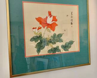 $60 - Flower and insect  signed and framed watercolor -  16" H x  17.25" W