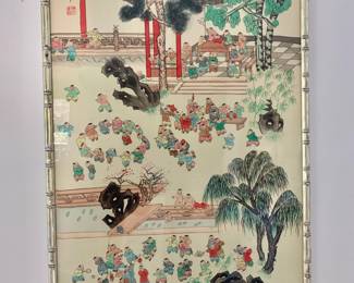 $275 - Vintage chinoiserie art with bamboo frame 36" H x 23.5" W 