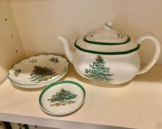 $10 Spode scalloped bowl: 6.75" diam; $20 Spode teapot: 6" H, 10" W, 5.5" D
