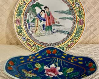 $30 EA - Chinoiserie Dishes (rear): 10" diam;  (front): 2" H, 10.25" L, 7" W
