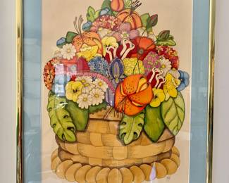 $100 - Kiki signed floral bouquet framed - 29" H x 23" W