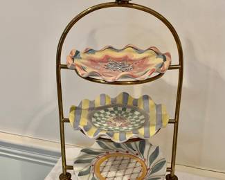 $120 - MacKenzie-Childs 3-Tier Plate Stand with plates - 19.5" H, 10" W