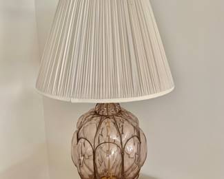 $395 - Mid-Century Dusty Rose Glass & Brass Table Lamp - 35" H, base 6" square