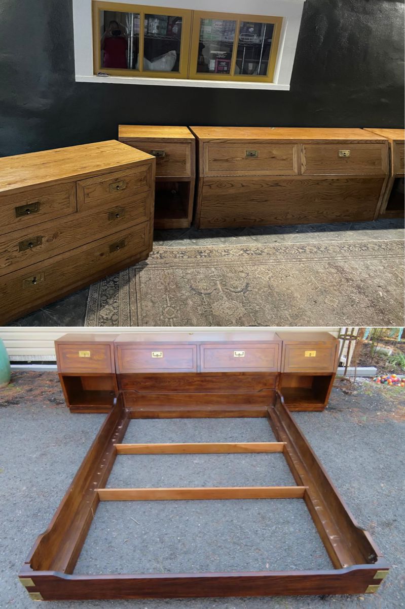 Henredon Scene One Oak Queen Size Headboard and Frame -2 Campaign Style Night stands -1 Oak & Brass 6-drawer Dresser. Abundance of storage in headboard.  MCM. Bottom image in Walnut is to show set up only. 