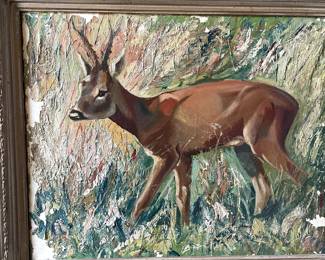 Antique Bavarian Black Forest Deer Oil on Canvas, 22 x 24. $175