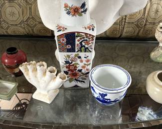 English Creamware Tulipiere, Williamsburg, $100. Vintage Asian Floral Vase, $45., Small Blue & White Asian Pot, $15