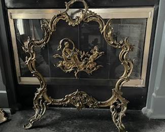 Circa 1820's, French Solid Brass Standing Fire Screen. Louis XVI Style. $3250