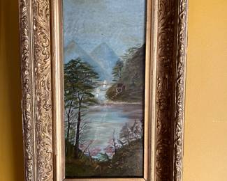 Small 18th Century Oil on Canvas Mountain Landscape scene period gold frame, 10x 17. $275
