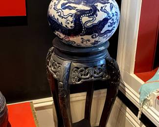 Blue & White Dragon Vessel after Ming Dynasty, Chop mark on bottom. 19"h x 13 diameter $1250. Antique Chinese Vase Table $975.