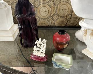 Vintage Hand-Carved Asian Wooden Figure Statue Intricate- Inlaid Eyes and Teeth. $170, Diminutive Bonsai Pot, 2"1/2 x 2", $35, Japanese Metal Jar 3"1/2, $15, Asian Hand-Carved Village Scene, $60