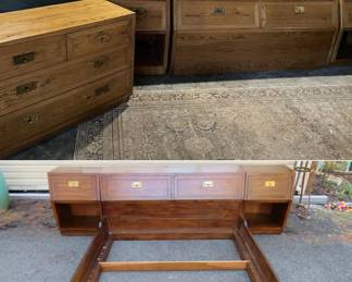 Henredon Scene One Oak Queen Size Headboard and Frame -2 Campaign Style Night stands -1 Oak & Brass 6-drawer Dresser. Abundance of storage in headboard.  MCM. Bottom image in Walnut is to show set up only. 