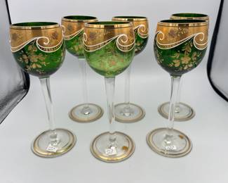 (6) Vintage Bohemiam Emerald Green Gold Crystal Wine Glasses