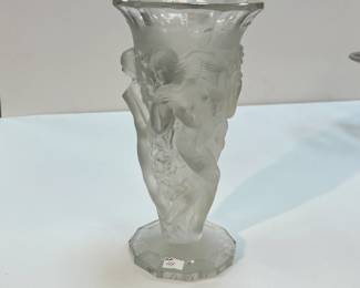 Inwald Barolac Grapes Nymphs Frosted Clear Art Glass Vase, 1920's, 8.75"h