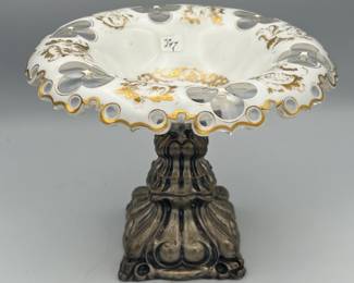 Hand Painted Gold Trim Antique Compote Fruit Bowl, 7h x 8w