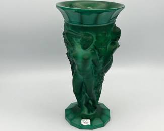 Vintage Czech Art Deco Malachite Green Ingrid Glass Nymph Vase, 8.5"h