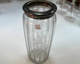 Hawkes Sterling Rim Antique Etched Glass Vase