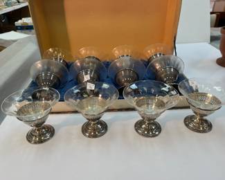 (12) Antique Sorbet Etched Glasses in Siver Bases