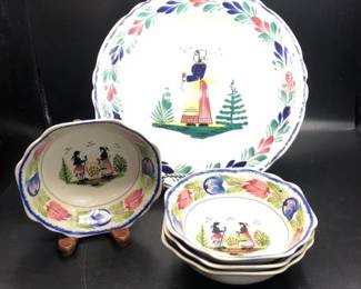 Antique Quimper Faience Pottery Platter with 4 Dessert Bowls