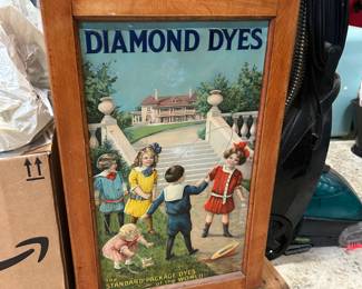 Diamond Dyes tin and wood box. 