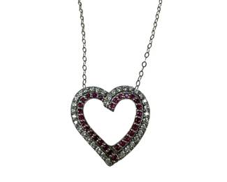 Sterling Silver Cubic Zirconia and Sythetic Ruby Heart Necklace