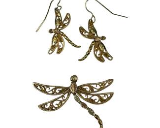 10kt Two Toned Dragonfly Pendant and Earrings Set