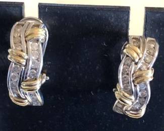 Diamond, Silver Gold Twist Earrings