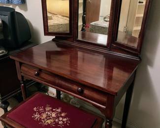 Antique Mahogany mirrored vanity with embroidered bench