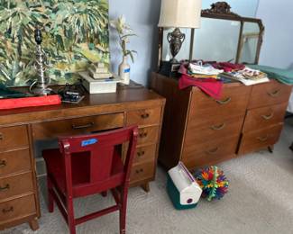 Mid Century Desk, Dresser, Antique Gilt Mirror, Original Painting