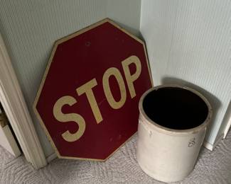 Vintage Stop Sign and #8 Crock