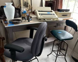 Drafting Table, Typewriter, Stools, Art