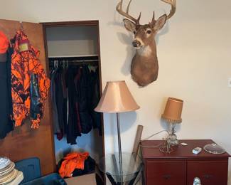 2 deer taxidermy, men’s clothes, totes of women’s clothes 
