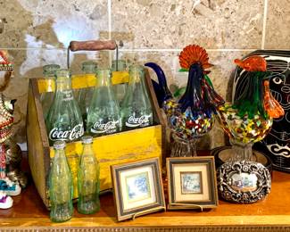 Far out eye ball art piece--truly one of a kind. Vintage Coca Cola bottles in a wood carrying carton. Vintage Glass Roosters. 