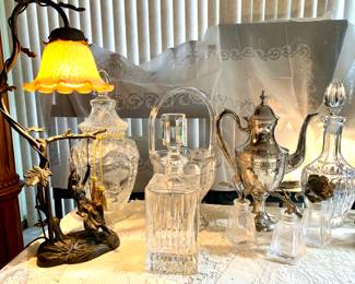 M.Moreau bronze lamp reproduction. Crystal and glass decanters and dresser bottles