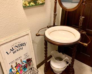 VIntage wash stand with Dresden porcelain wash basin. Cute laundry room wall hanging