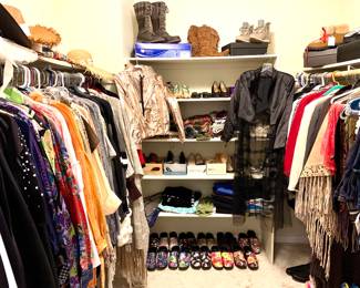 Entire walk in closet full of fabulous clothing, shoes and hats. Sorel Boots-Dansko clogs-Old Gringo boots-Boss&Co.-Mussse&Cloud shoes and boots in NIB, just a few to mention.Free People-Johnny Was silk-Armani-Victoria's Secret-Etro-Cache' to mention a few label of clothing