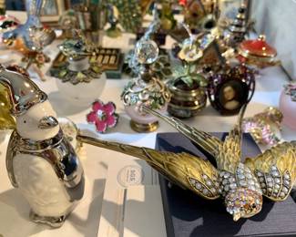 Silver coated penguin ornament. More of the enameled collectibles trinket boxes and perfume bottles