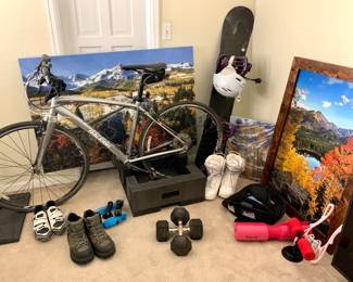Dan Sawusch Bear Lake Photograph large framed wall hanging. Raleigh Cadent 2 Bike in fantastic condition. KZ Fling Snowboard. Kiana Snowboard Boots. Men's water proof hiking boots. ETC...