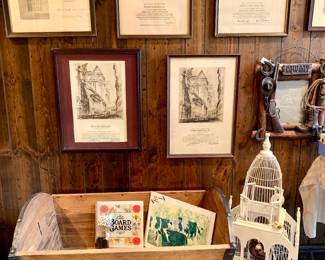 Ore cart decor, birdcage, vintage wall street prints