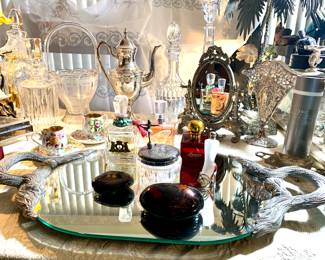 Great metal handled mirror large perfume tray. Perfumes. Dresser jars and bottles