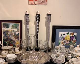 Amy Ditto Aspen Co. artist. Made in France fabric 2' tall women. 2 Original painted floral and street scene. Vintage large silver plated lazy susan server. Villery Boch Basket design dinnerware set. Gorgeous Lenox dinnerware set. 