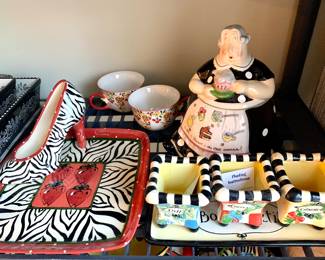Painted designer serving pieces and cookie jar