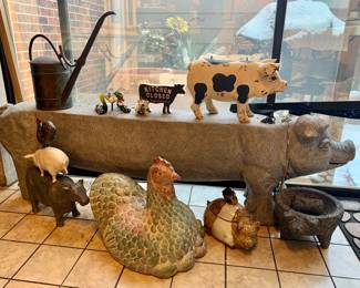 Long Pig bench, triple animal decor, pig gravy boat, pig crusher