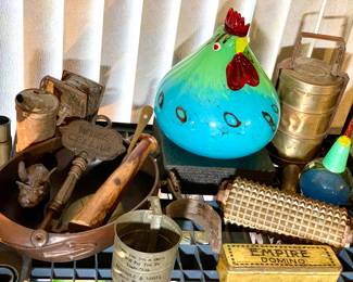 Vintage wood Chilean Frog bowl and cast iron and tin collectibles. Another glass rooster large and his image made smaller- also in glass