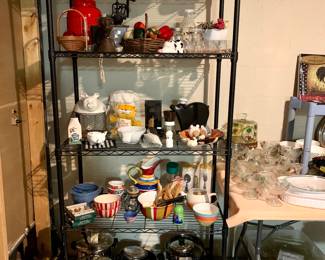 M&M Serving bowl, Dried Apple Doll, Outdoor plastic. Over all view of just some of the other kitchen new-near new items