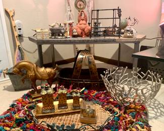 Decor and stone coffee table- new still tagged colorful accent rugs some from World Market