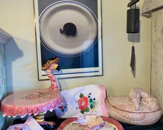 Flamingo goofy cake plate. Floral vintage placemats with pocket napkins. Swan lidded soup terrine , and painted floral tray with dipping bowl. Cast Iron Bell