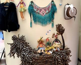 Handmade dolls by Judy Stomper purchased from Cherry Creek store no longer in business. Cache' beaded collar. Leather riding hat. Sheared mink vintage jacket. Keith Bradley dog