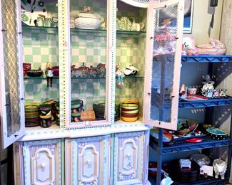 MacKenzie style painted cabinet. Filled with fun painted kitchen related pieces